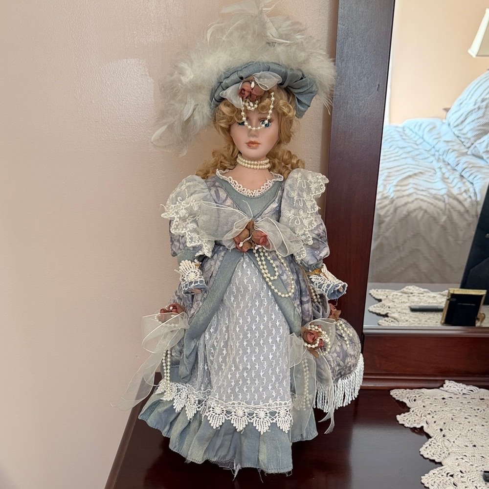 Victorian-Style Porcelain Doll in Dusty Blue Lace Dress